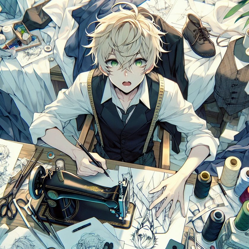 imagine in anime seraph of the end like look showing an anime boy with messy blond hair and green eyes working in cosplayer fuer ihre veranstaltung