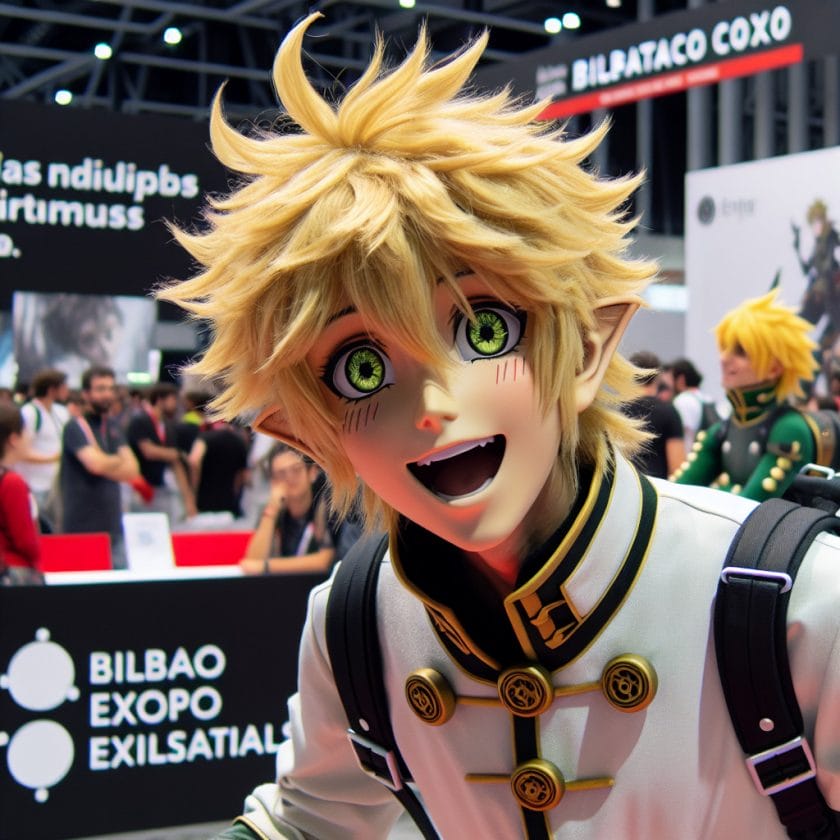 imagine in anime seraph of the end like look showing an anime boy with messy blond hair and green eyes working in kostuem walkacts fuer die bilbao