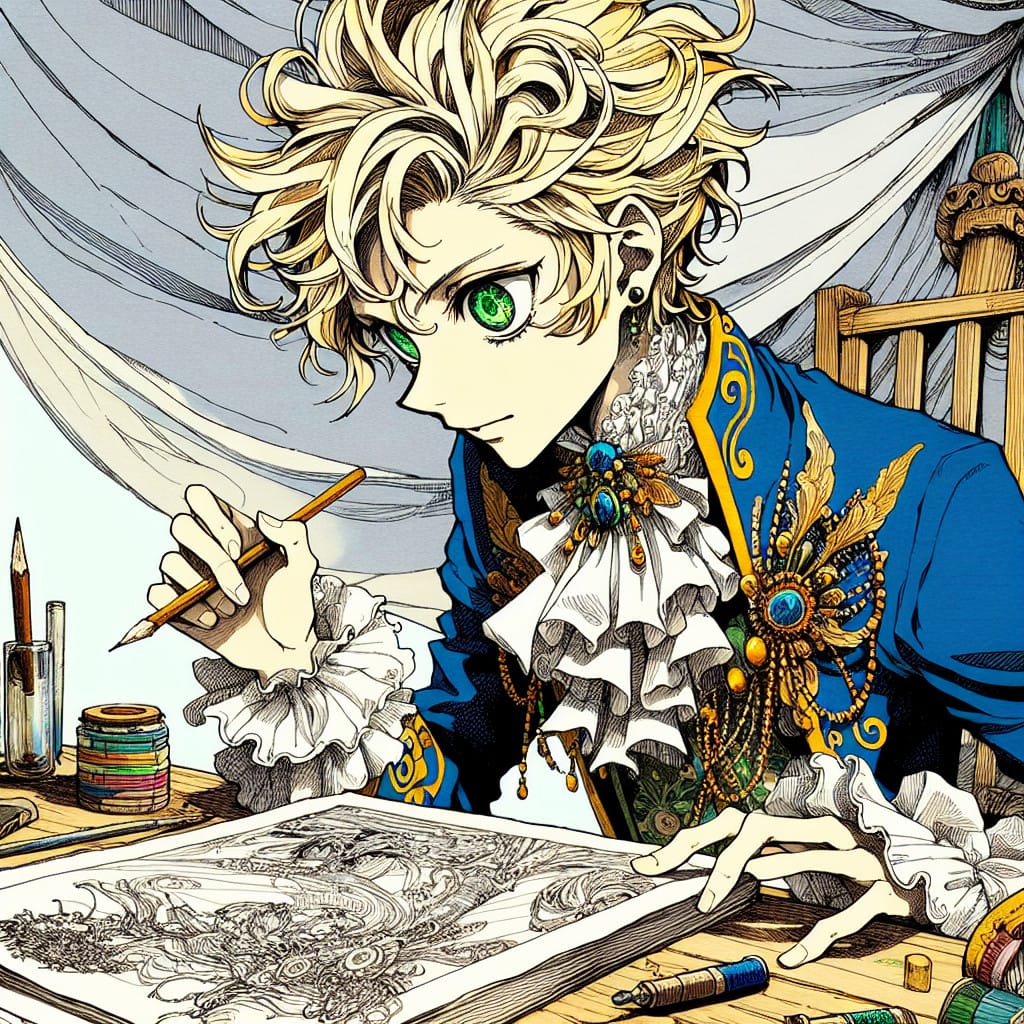imagine in anime seraph of the end like look showing an anime boy with messy blond hair and green eyes working in kostuem walkacts fuer die cannes