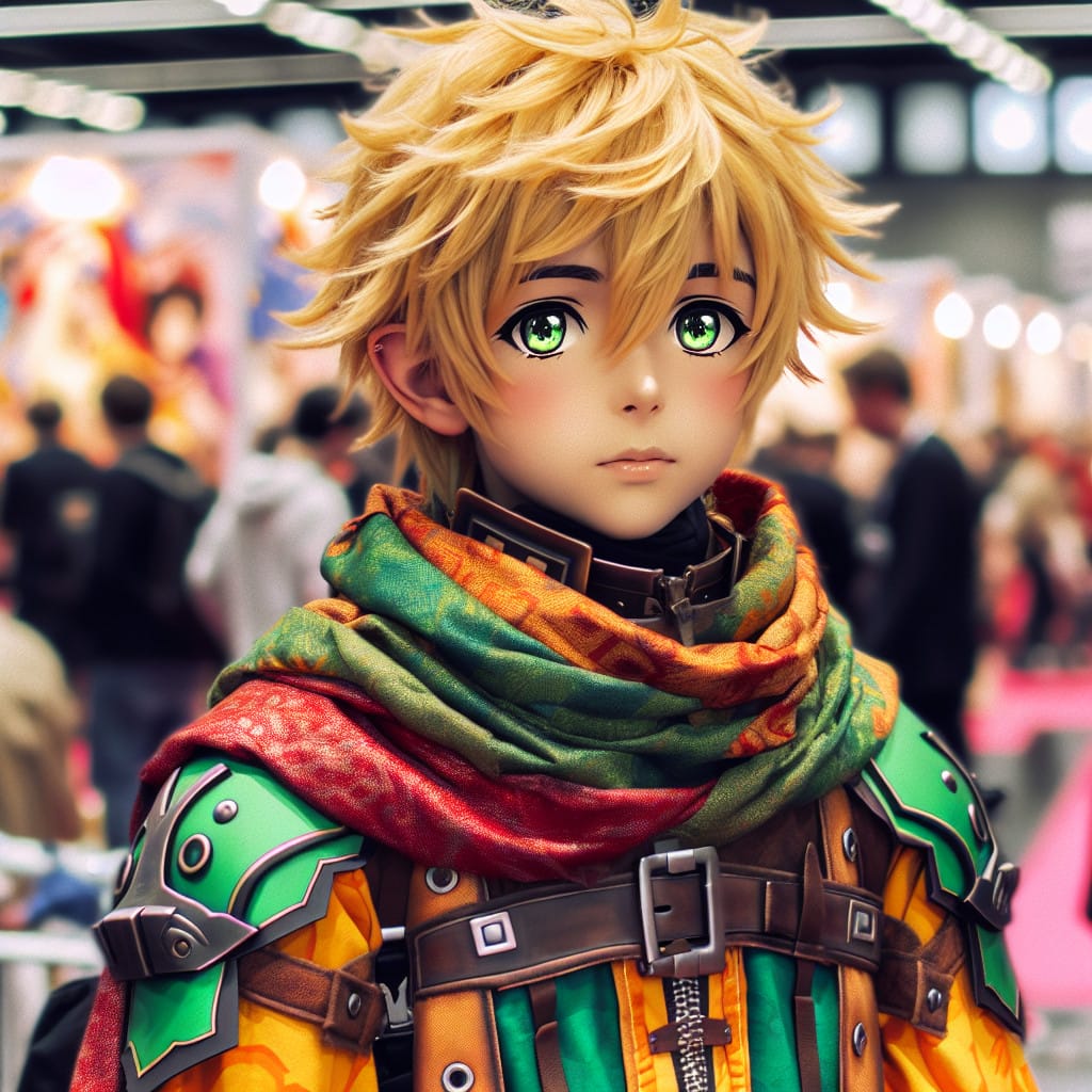 imagine in anime seraph of the end like look showing an anime boy with messy blond hair and green eyes working in kostuem walkacts fuer die duesseldorf messe