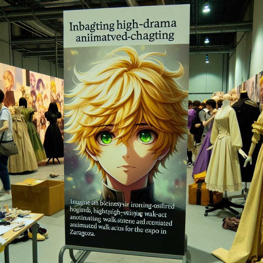 imagine in anime seraph of the end like look showing an anime boy with messy blond hair and green eyes working in kostuem walkacts fuer die expo in zaragoza