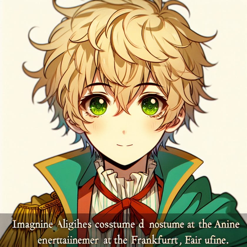 imagine in anime seraph of the end like look showing an anime boy with messy blond hair and green eyes working in kostuem walkacts fuer die frankfurter messe