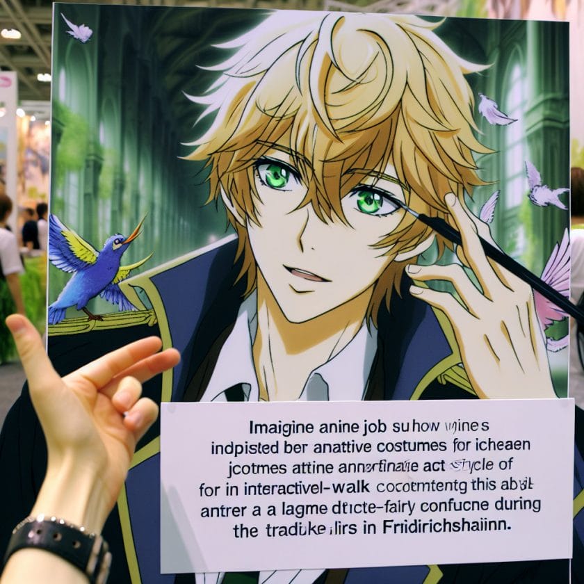imagine in anime seraph of the end like look showing an anime boy with messy blond hair and green eyes working in kostuem walkacts fuer die friedrichshafen messe