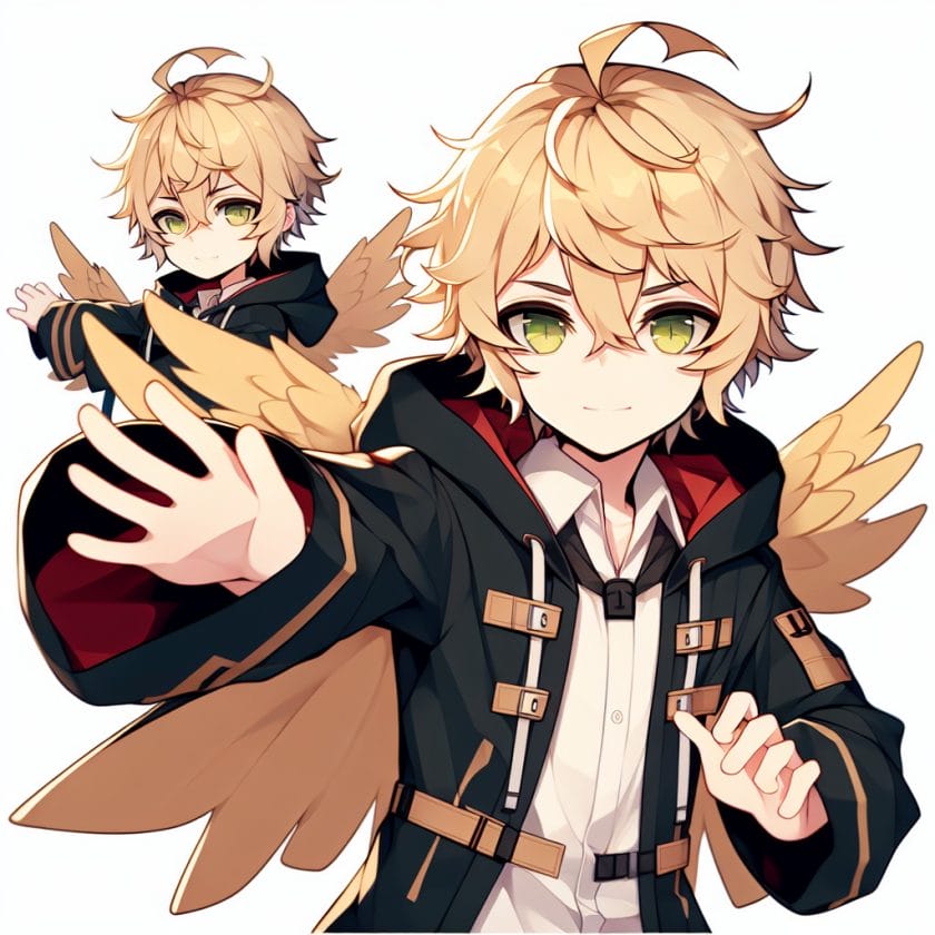 imagine in anime seraph of the end like look showing an anime boy with messy blond hair and green eyes working in kostuem walkacts fuer die karlsruher messe
