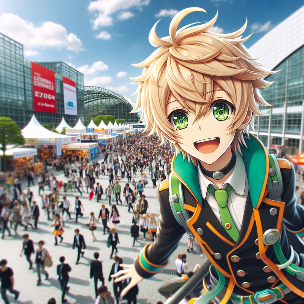 imagine in anime seraph of the end like look showing an anime boy with messy blond hair and green eyes working in kostuem walkacts fuer die koeln messe