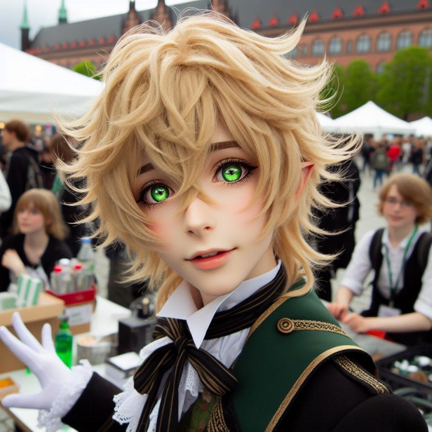 imagine in anime seraph of the end like look showing an anime boy with messy blond hair and green eyes working in kostuem walkacts fuer die leipziger messe
