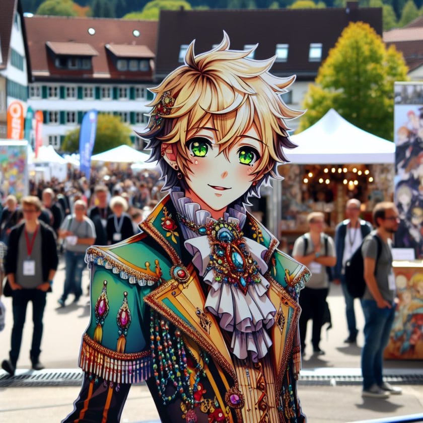 imagine in anime seraph of the end like look showing an anime boy with messy blond hair and green eyes working in kostuem walkacts fuer die messe bad salzuflen