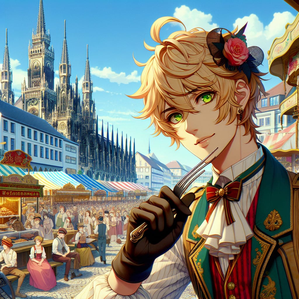 imagine in anime seraph of the end like look showing an anime boy with messy blond hair and green eyes working in kostuem walkacts fuer die muenchen messe
