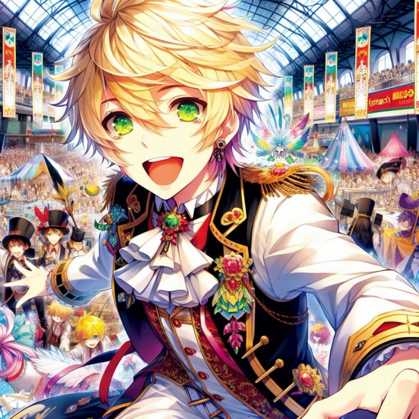 imagine in anime seraph of the end like look showing an anime boy with messy blond hair and green eyes working in kostuem walkacts fuer die offenbach messe