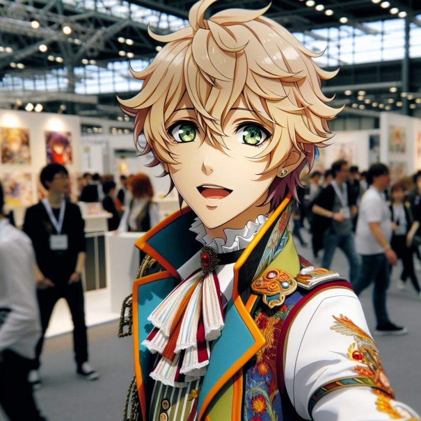 imagine in anime seraph of the end like look showing an anime boy with messy blond hair and green eyes working in kostuem walkacts fuer die stuttgarter messe