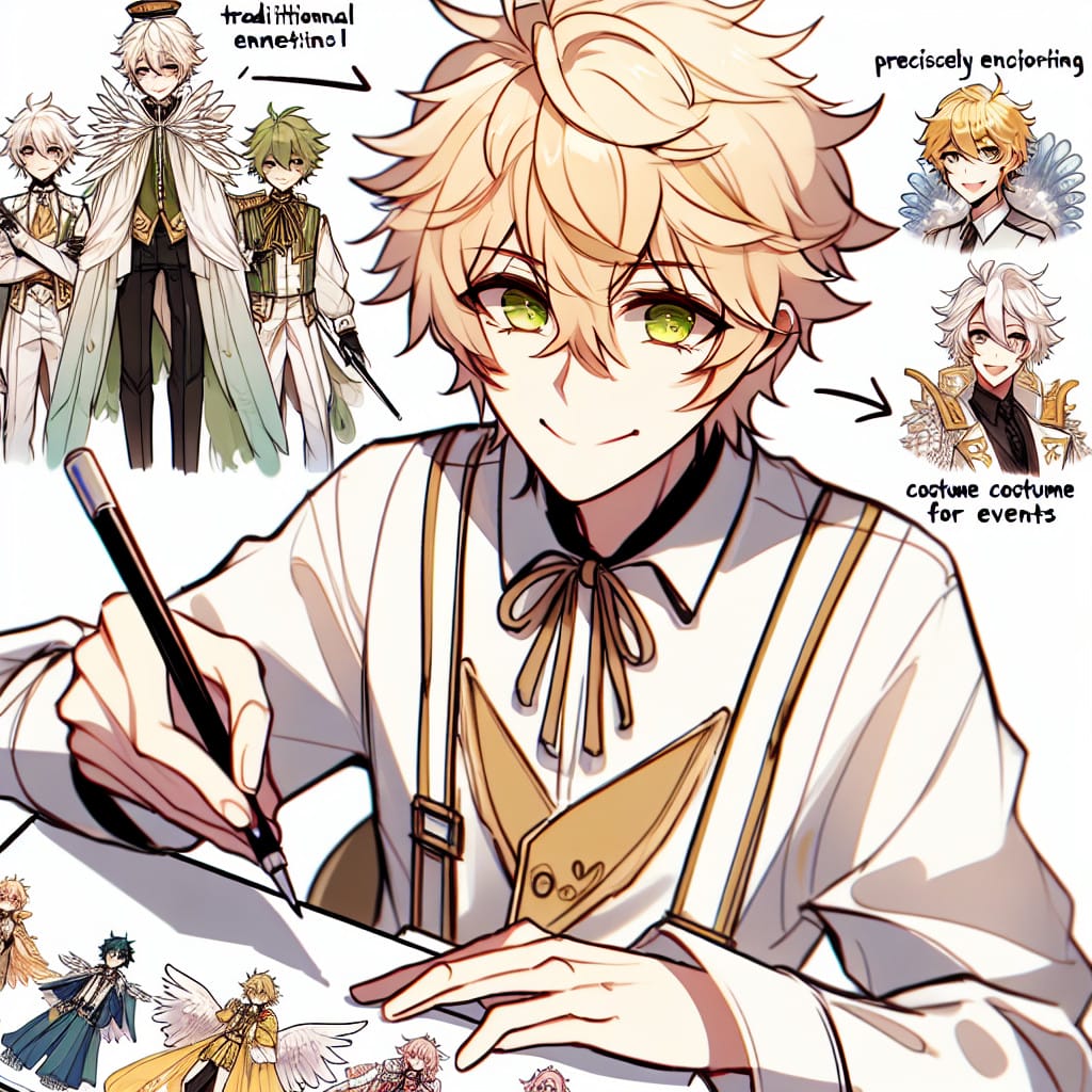 imagine in anime seraph of the end like look showing an anime boy with messy blond hair and green eyes working in kostuemschauspieler fuer ihr event