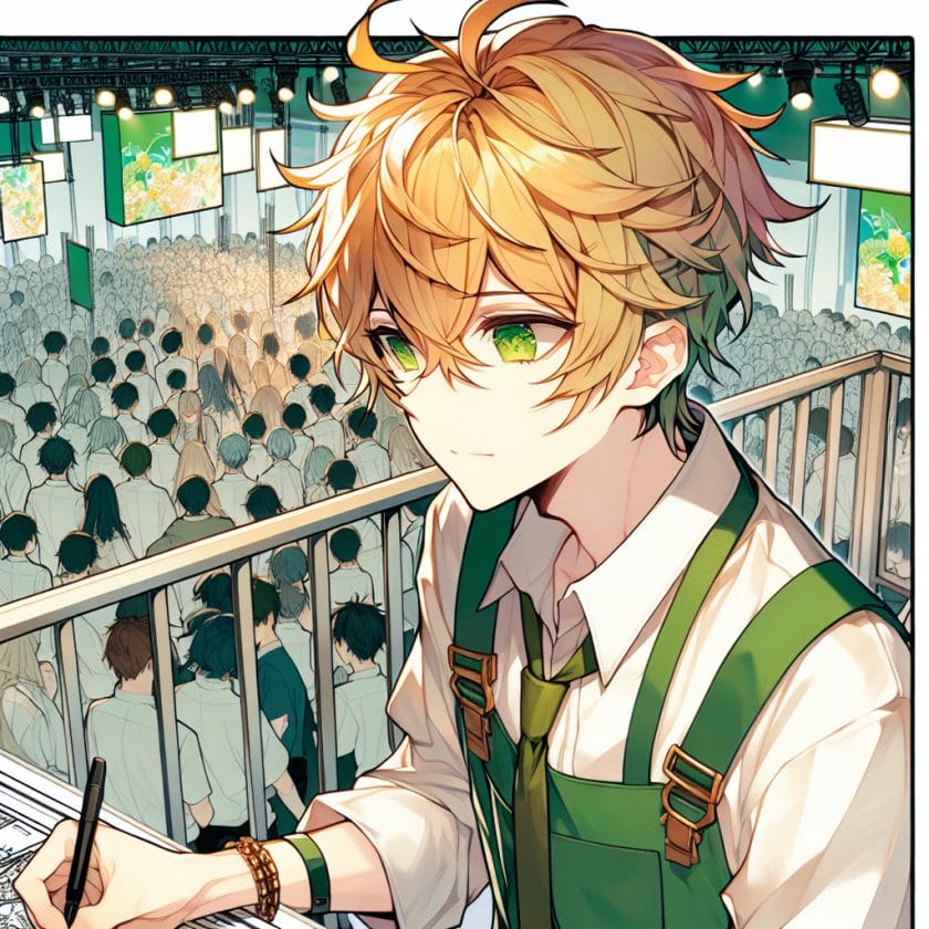 imagine in anime seraph of the end like look showing an anime boy with messy blond hair and green eyes working in meerjungfrau modell fuer ihre veranstaltung